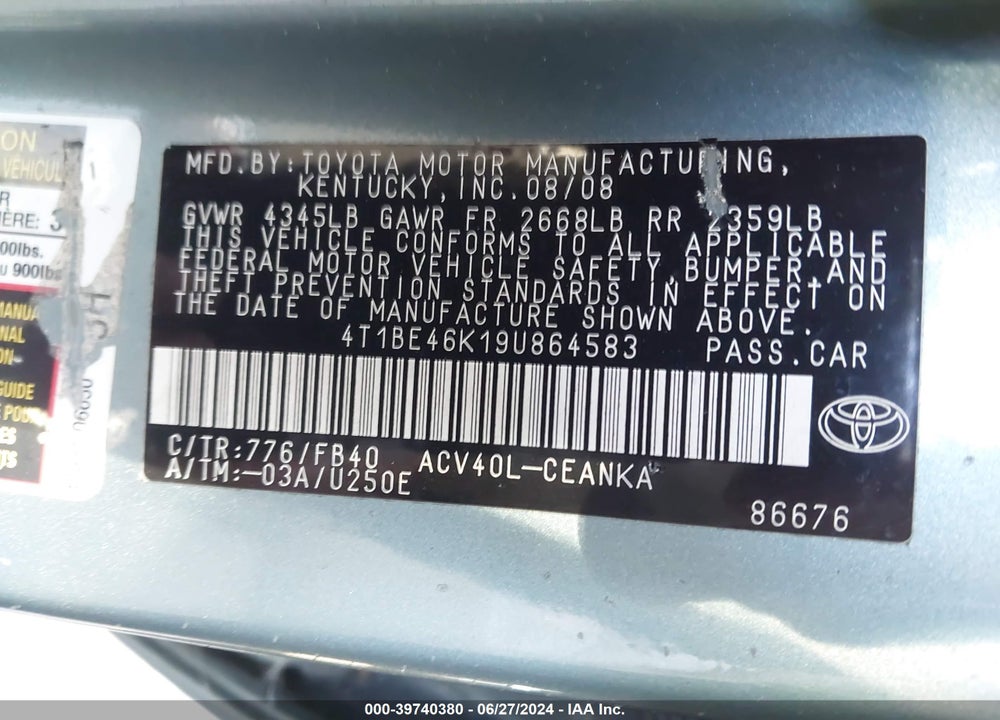 2009 TOYOTA CAMRY LE VIN: 4T1BE46K19U864583