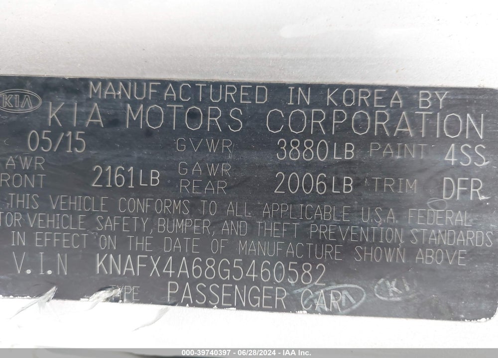 2016 KIA FORTE LX VIN: KNAFX4A68G5460582
