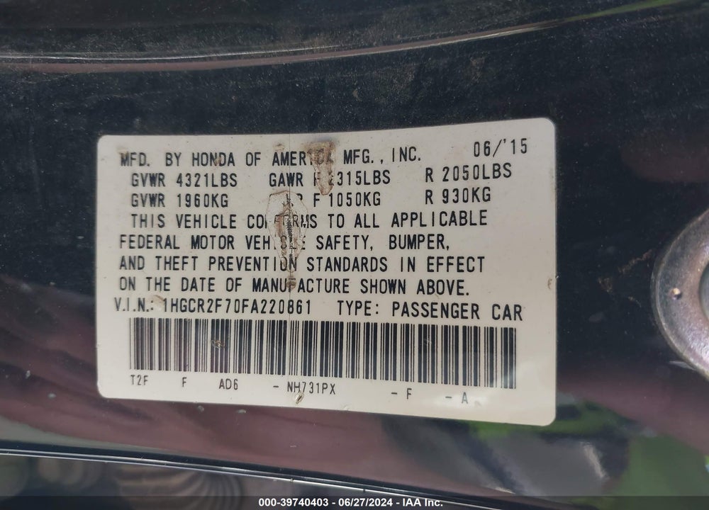 2015 HONDA ACCORD EX VIN: 1HGCR2F70FA220861