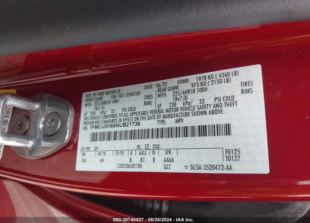 2022 FORD ESCAPE VIN: 1FMCU0H68NUB21736