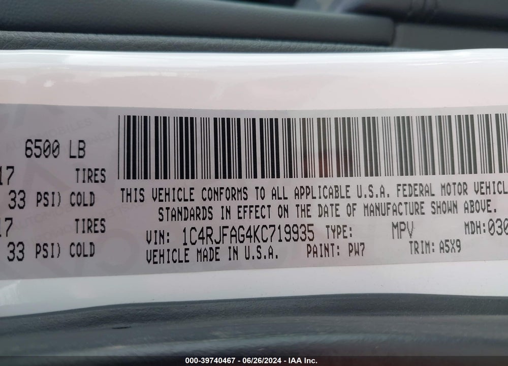 2019 JEEP GRAND CHEROKEE VIN: 1C4RJFAG4KC719935
