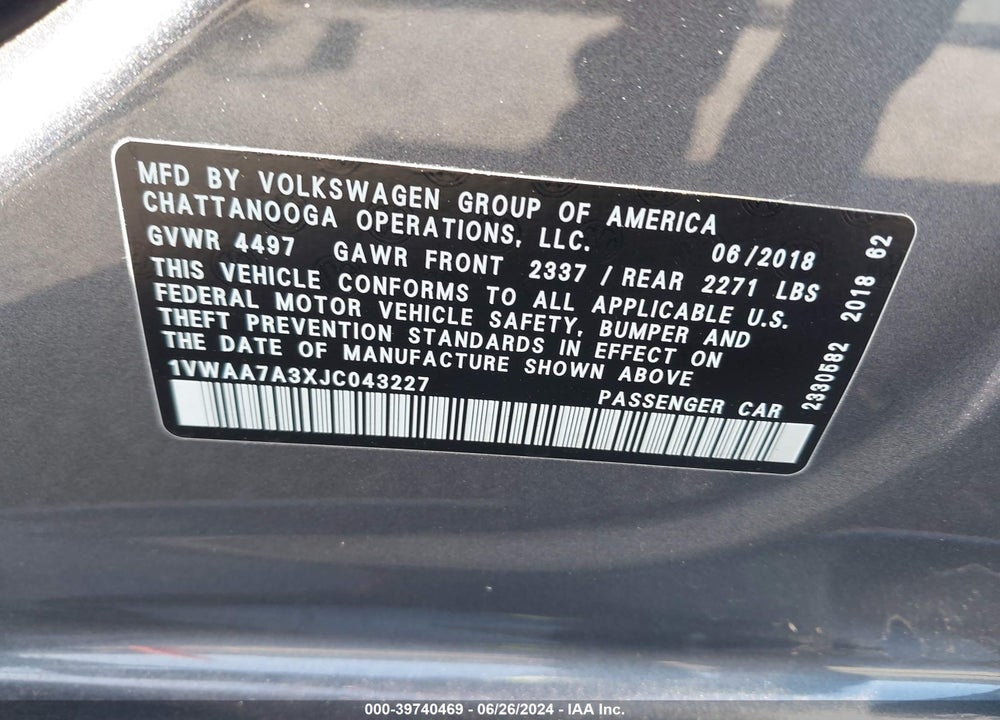 2018 VOLKSWAGEN PASSAT 2.0T R-LINE/2.0T S VIN: 1VWAA7A3XJC043227