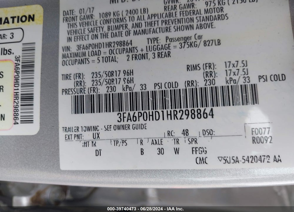 2017 FORD FUSION SE VIN: 3FA6P0HD1HR298864
