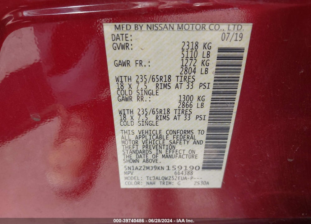 2019 NISSAN MURANO SV VIN: 5N1AZ2MJ9KN159190