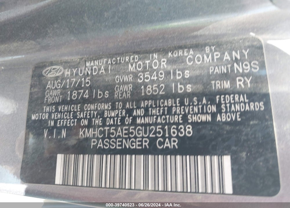 2016 HYUNDAI ACCENT SE VIN: KMHCT5AE5GU251638