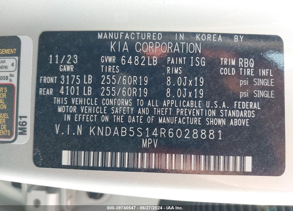 2024 KIA EV9 LIGHT LONG RANGE VIN: KNDAB5S14R6028881