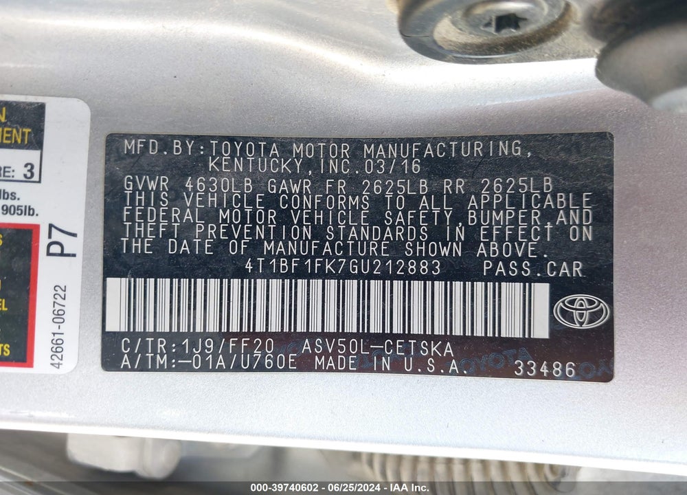 2016 TOYOTA CAMRY SE VIN: 4T1BF1FK7GU212883