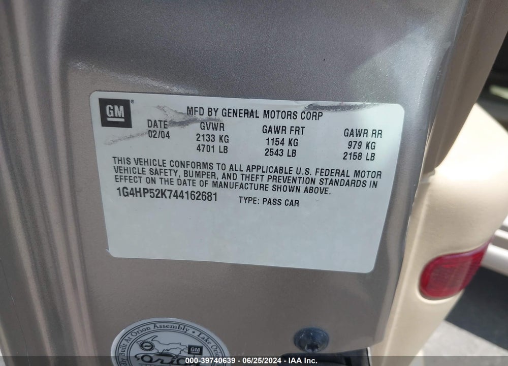2004 BUICK LESABRE CUSTOM VIN: 1G4HP52K744162681