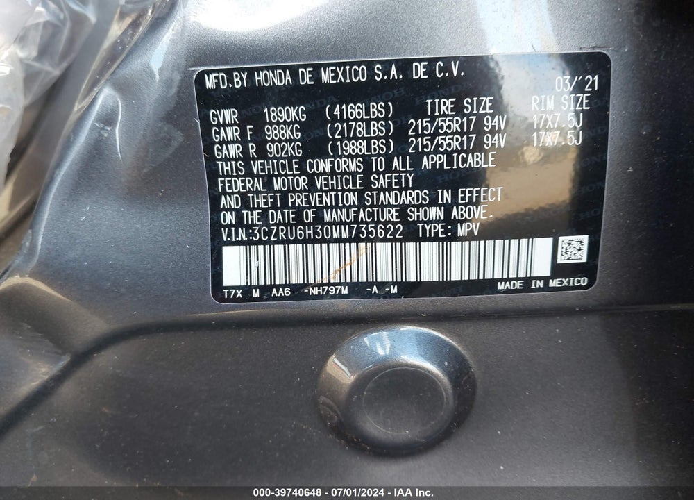 2021 HONDA HR-V AWD LX VIN: 3CZRU6H30MM735622