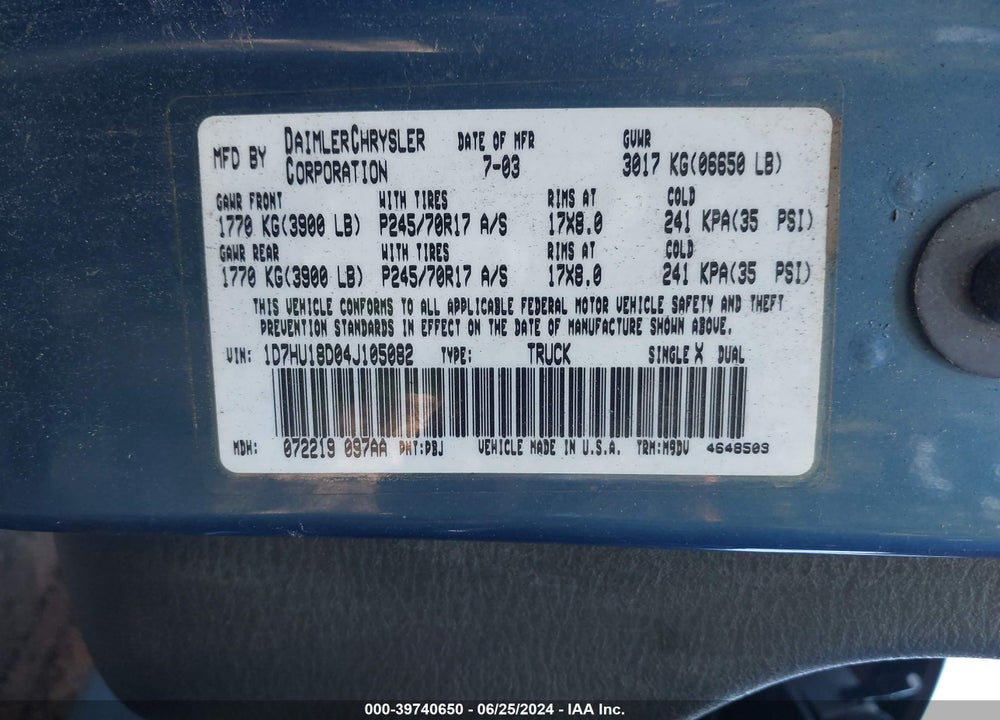 2004 DODGE RAM 1500 SLT/LARAMIE VIN: 1D7HU18D04J105082