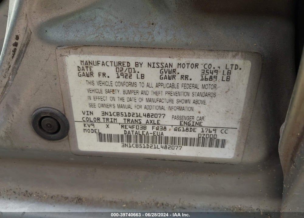 2001 NISSAN SENTRA GXE VIN: 3N1CB51D21L482077