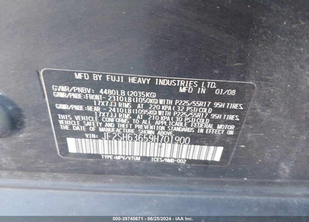2009 SUBARU FORESTER 2.5X VIN: JF2SH63659H701900