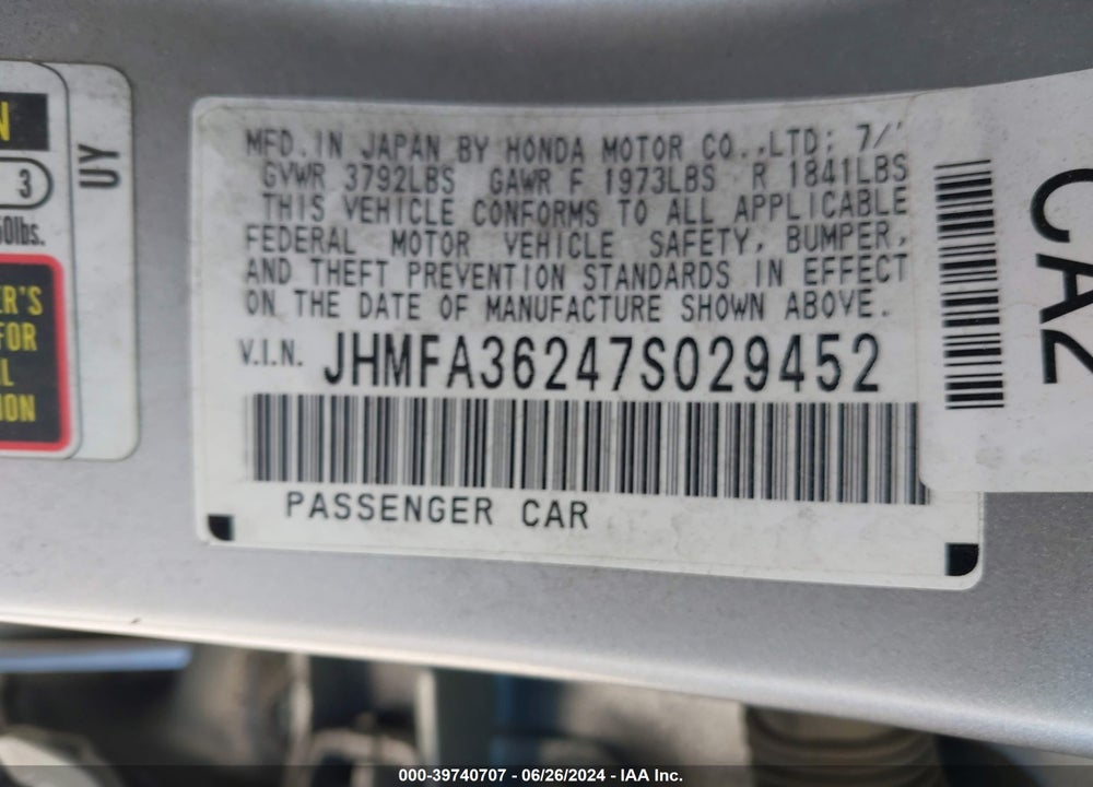 2007 HONDA CIVIC HYBRID VIN: JHMFA36247S029452