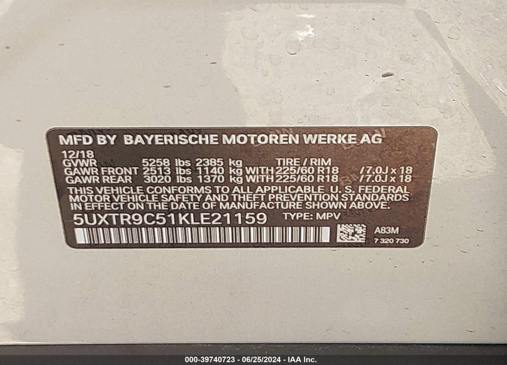 2019 BMW X3 XDRIVE30I VIN: 5UXTR9C51KLE21159
