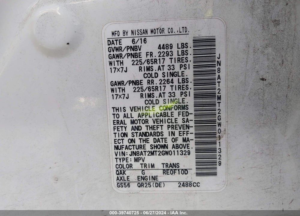 2016 NISSAN ROGUE S VIN: JN8AT2MT2GW011329