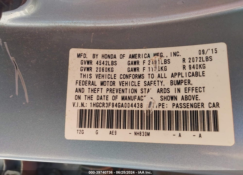 2016 HONDA ACCORD TOURING VIN: 1HGCR3F94GA004438