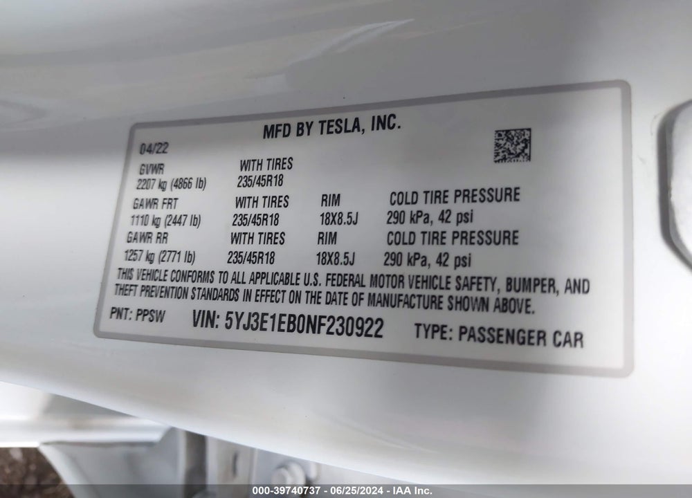 2022 TESLA MODEL 3 LONG RANGE DUAL MOTOR ALL-WHEEL DRIVE VIN: 5YJ3E1EB0NF230922