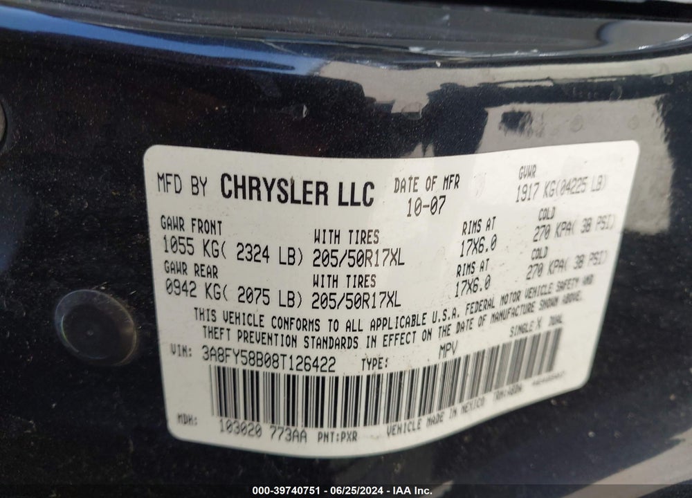 2008 CHRYSLER PT CRUISER TOURING VIN: 3A8FY58B08T126422