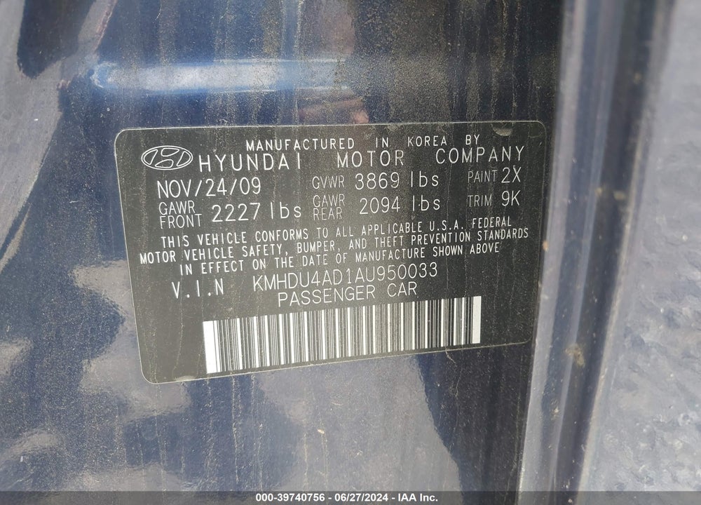 2010 HYUNDAI ELANTRA GLS VIN: KMHDU4AD1AU950033
