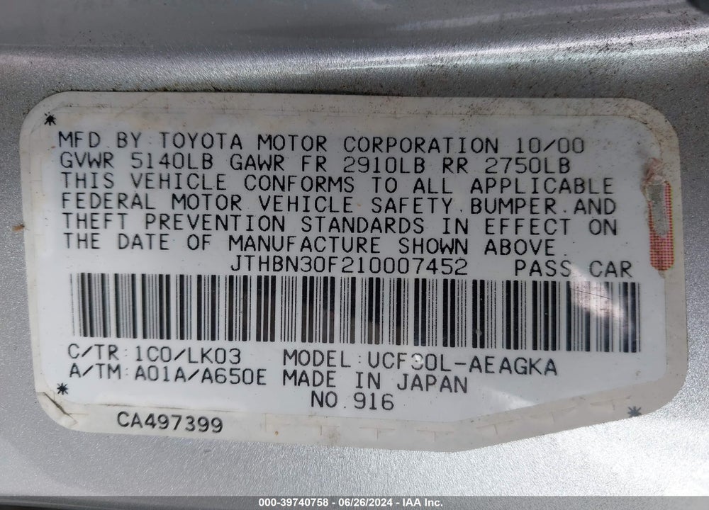 2001 LEXUS LS 430 VIN: JTHBN30F210007452