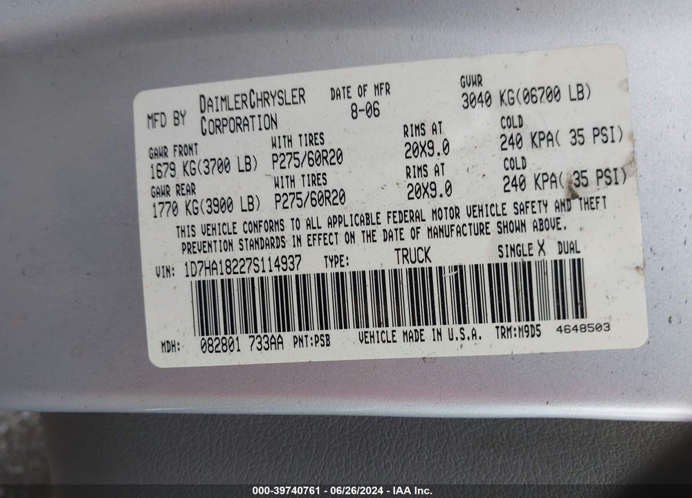 2007 DODGE RAM 1500 SLT VIN: 1D7HA18227S114937