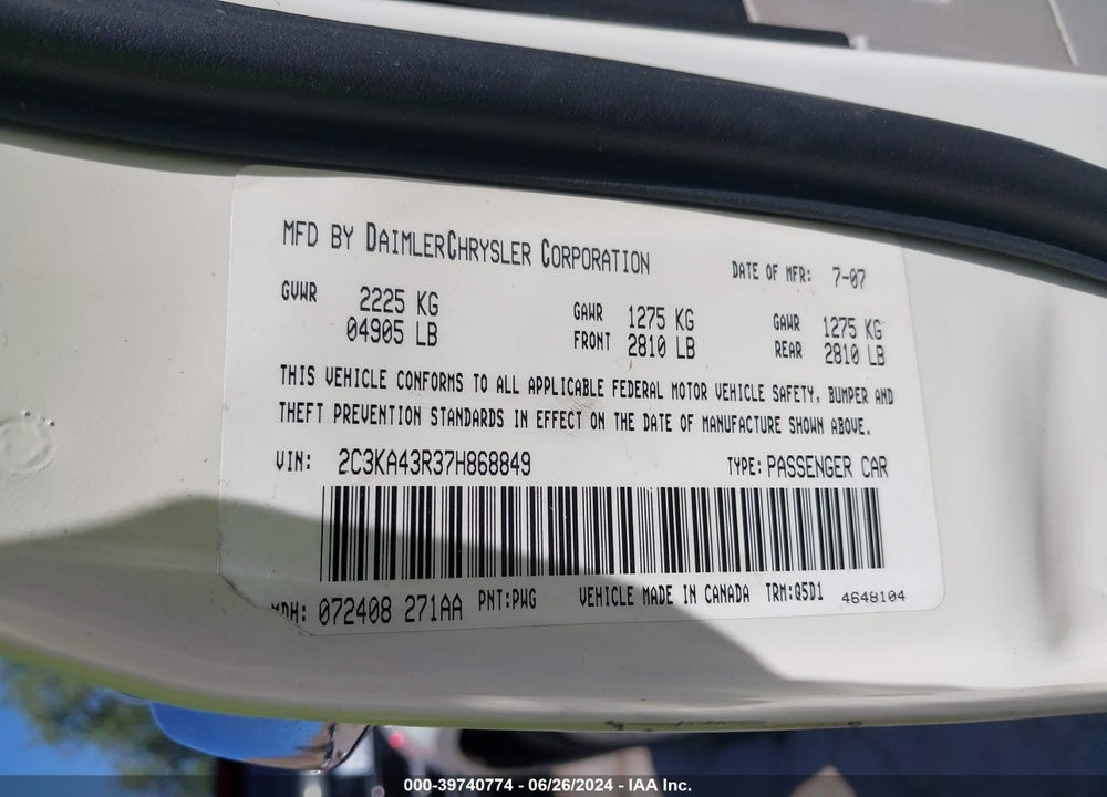 2007 CHRYSLER 300 VIN: 2C3KA43R37H868849