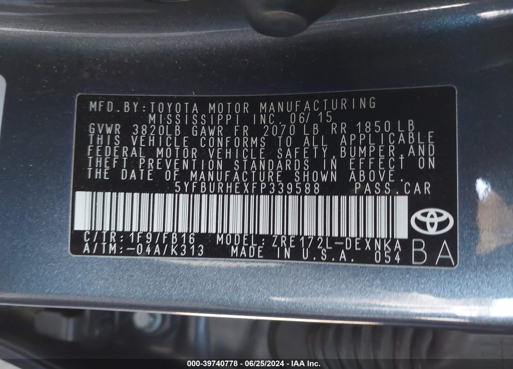 2015 TOYOTA COROLLA LE VIN: 5YFBURHEXFP339588