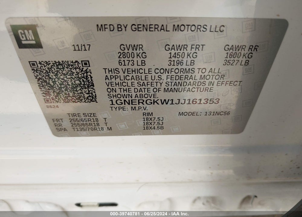 2018 CHEVROLET TRAVERSE 1LT VIN: 1GNERGKW1JJ161353