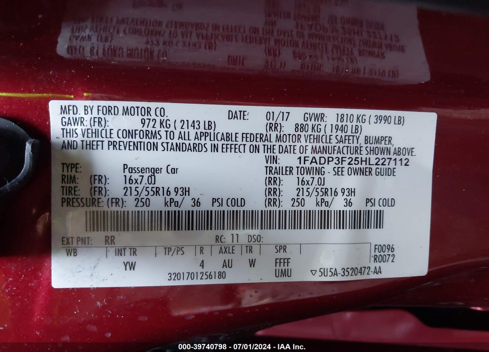 2017 FORD FOCUS SE VIN: 1FADP3F25HL227112
