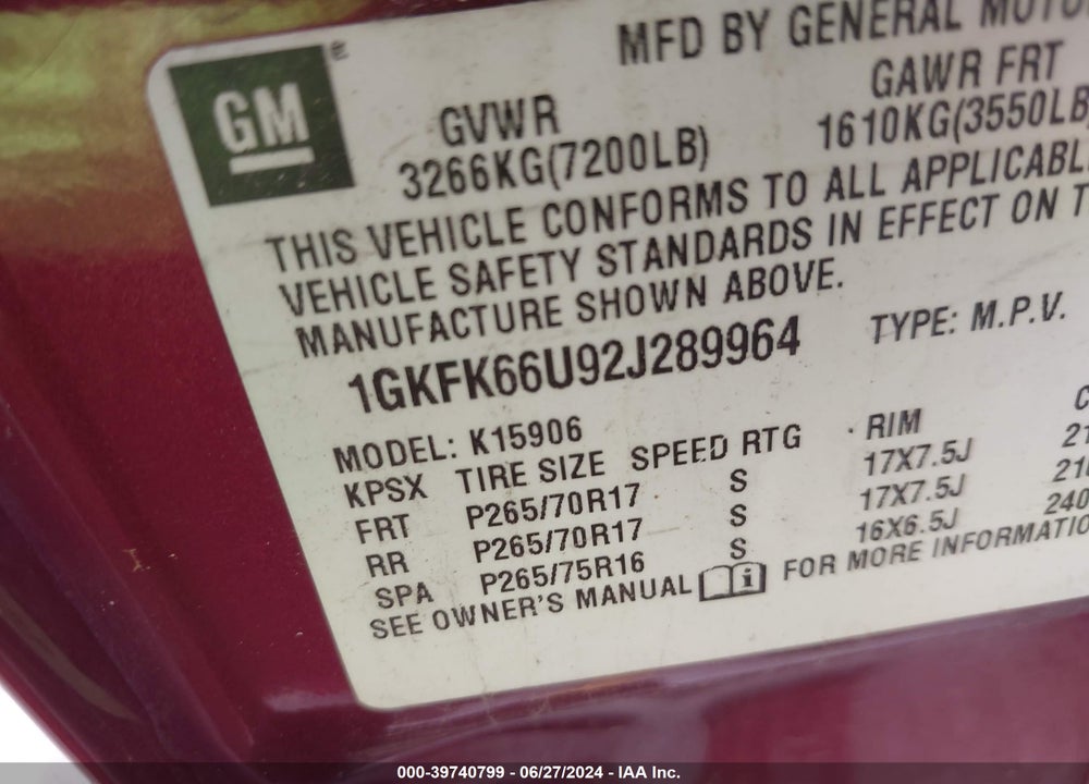 2002 GMC YUKON XL 1500 DENALI VIN: 1GKFK66U92J289964