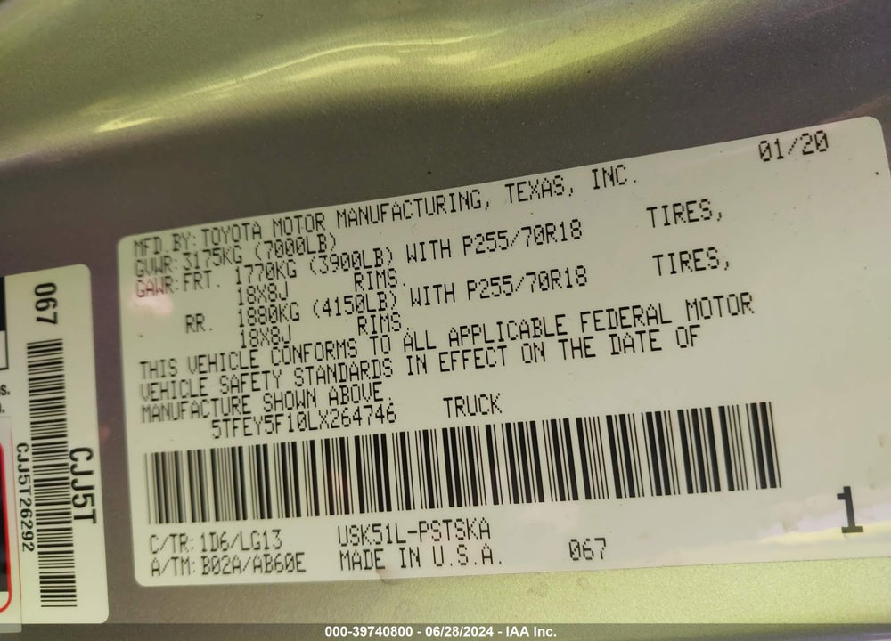 2020 TOYOTA TUNDRA SR5 VIN: 5TFEY5F10LX264746