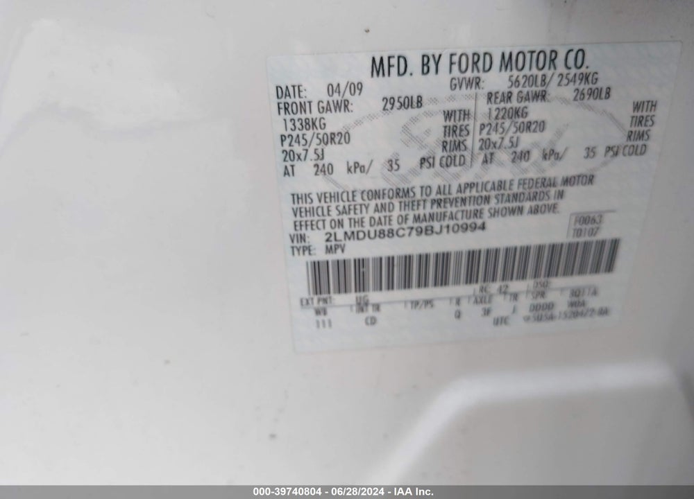 2009 LINCOLN MKX VIN: 2LMDU88C79BJ10994