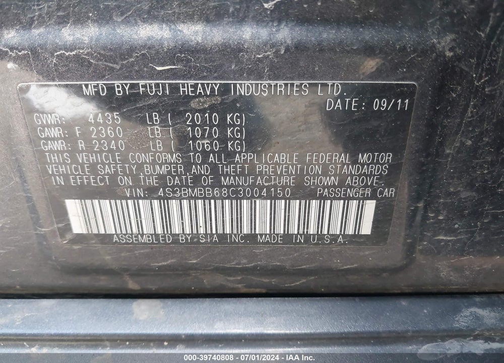 2012 SUBARU LEGACY 2.5I PREMIUM VIN: 4S3BMBB68C3004150