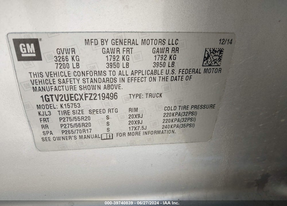 2015 GMC SIERRA 1500 SLE VIN: 1GTV2UECXFZ219496