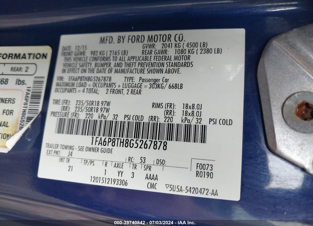 2016 FORD MUSTANG ECOBOOST VIN: 1FA6P8TH8G5267878