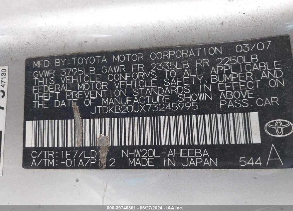 2007 TOYOTA PRIUS VIN: JTDKB20UX73245995