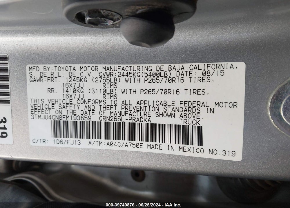 2015 TOYOTA TACOMA PRERUNNER V6 VIN: 3TMJU4GN8FM193859