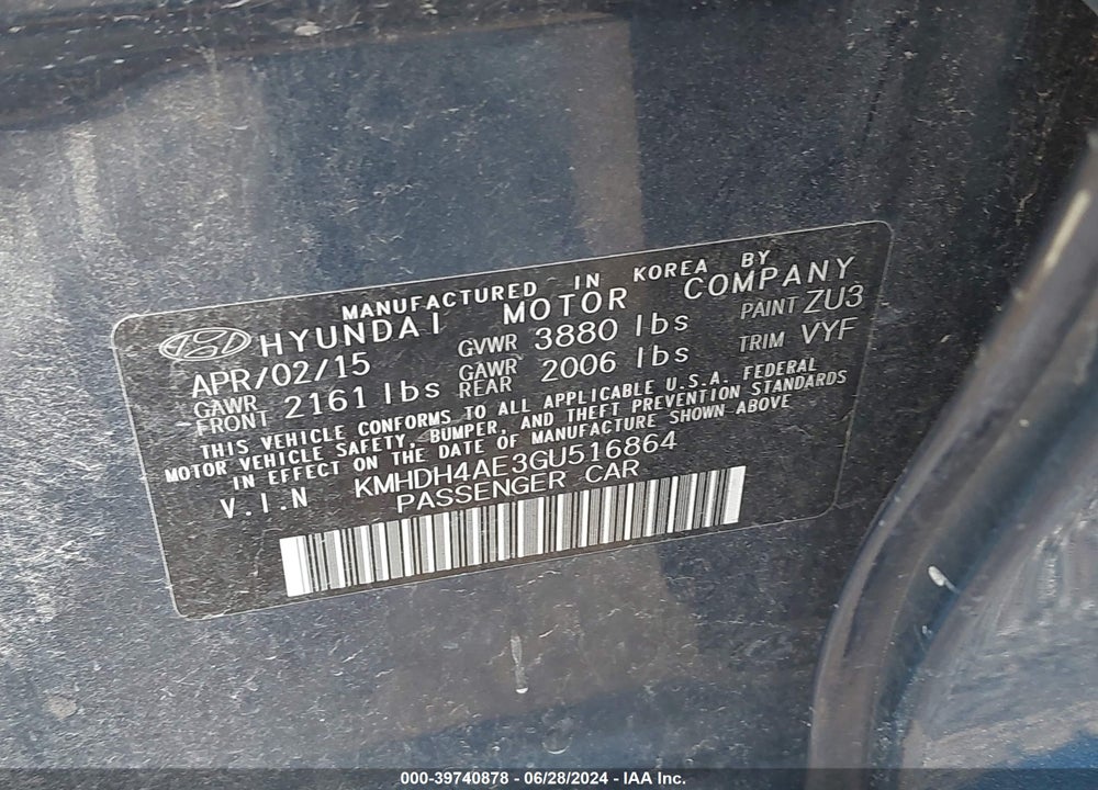 2016 HYUNDAI ELANTRA SE VIN: KMHDH4AE3GU516864