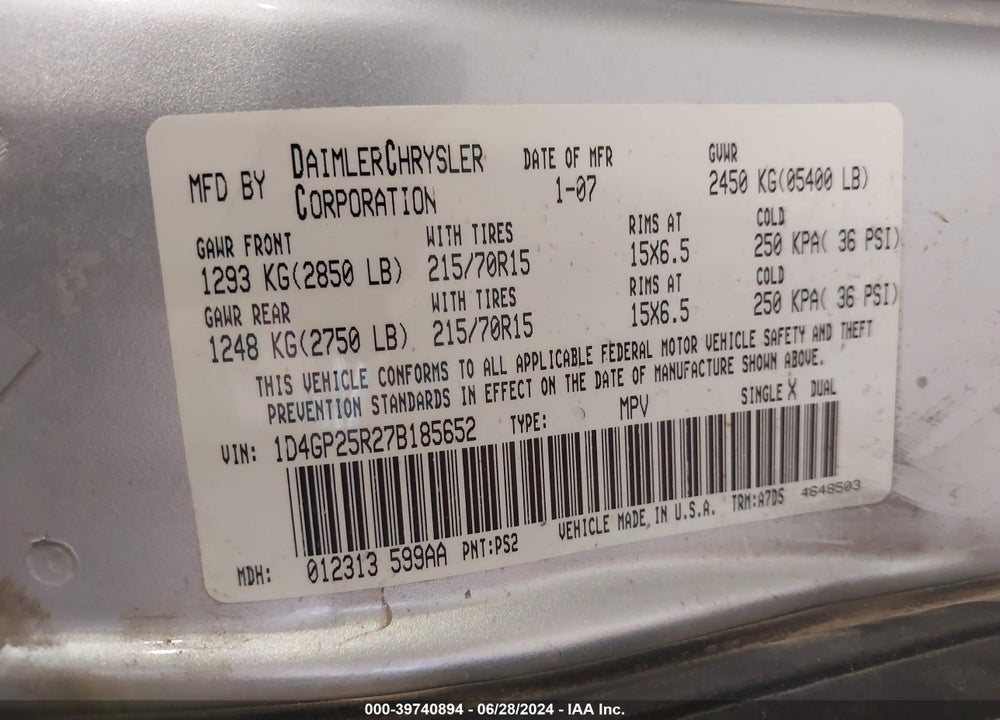 2007 DODGE CARAVAN SE VIN: 1D4GP25R27B185652