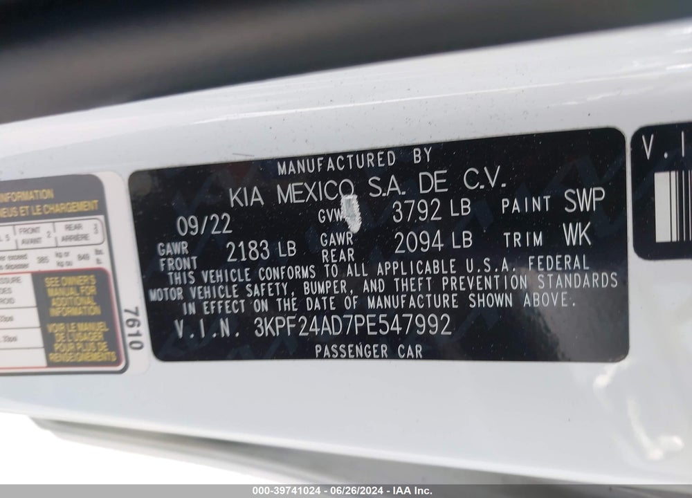 2023 KIA FORTE LXS VIN: 3KPF24AD7PE547992