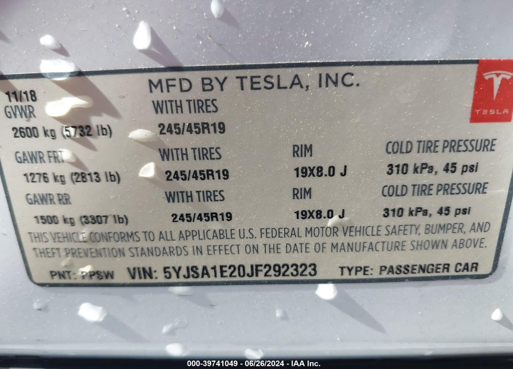 2018 TESLA MODEL S 100D/75D/P100D VIN: 5YJSA1E20JF292323