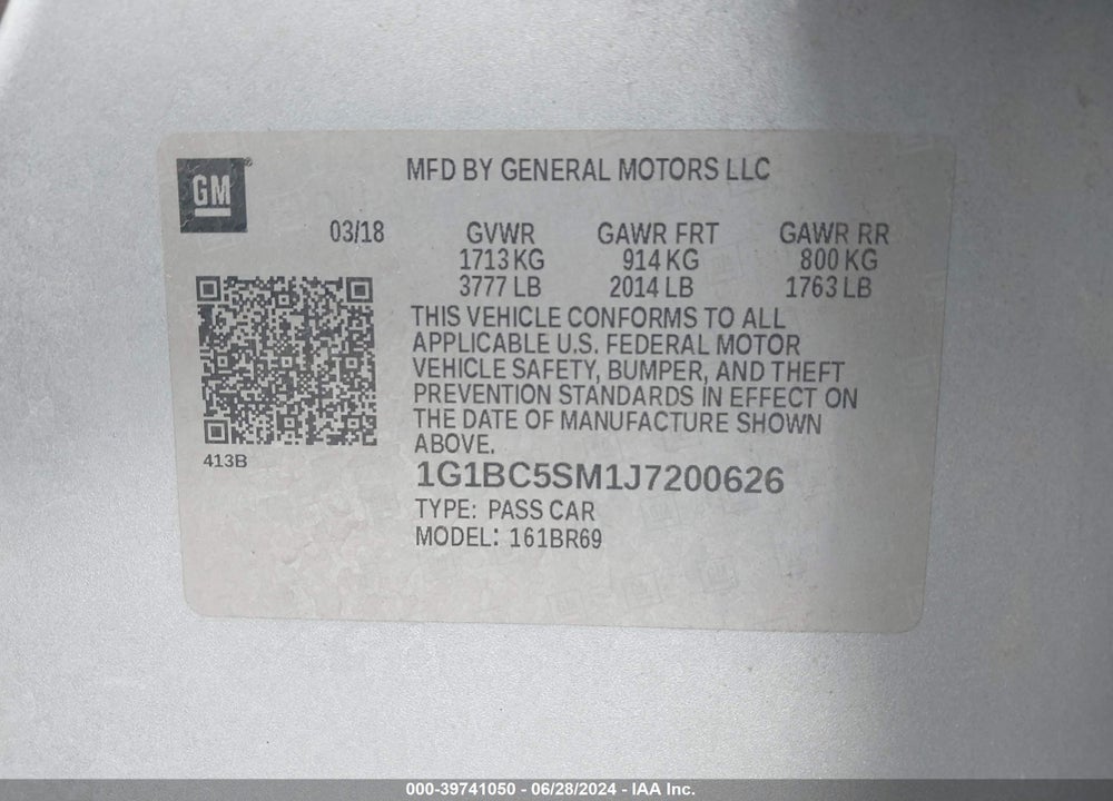 2018 CHEVROLET CRUZE LS AUTO VIN: 1G1BC5SM1J7200626