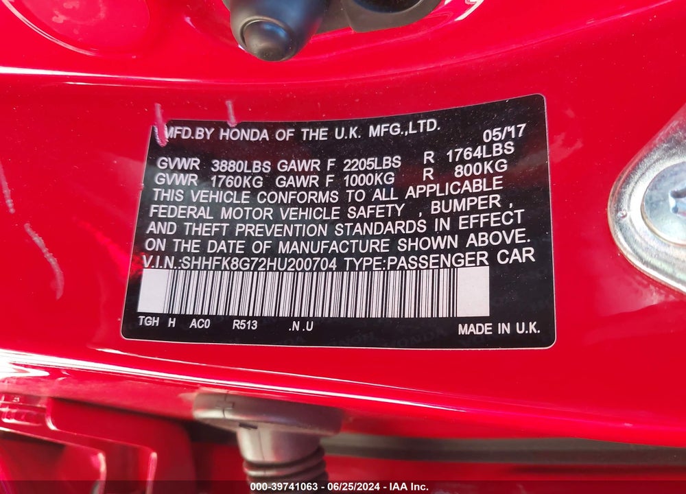 2017 HONDA CIVIC TYPE-R TOURING VIN: SHHFK8G72HU200704