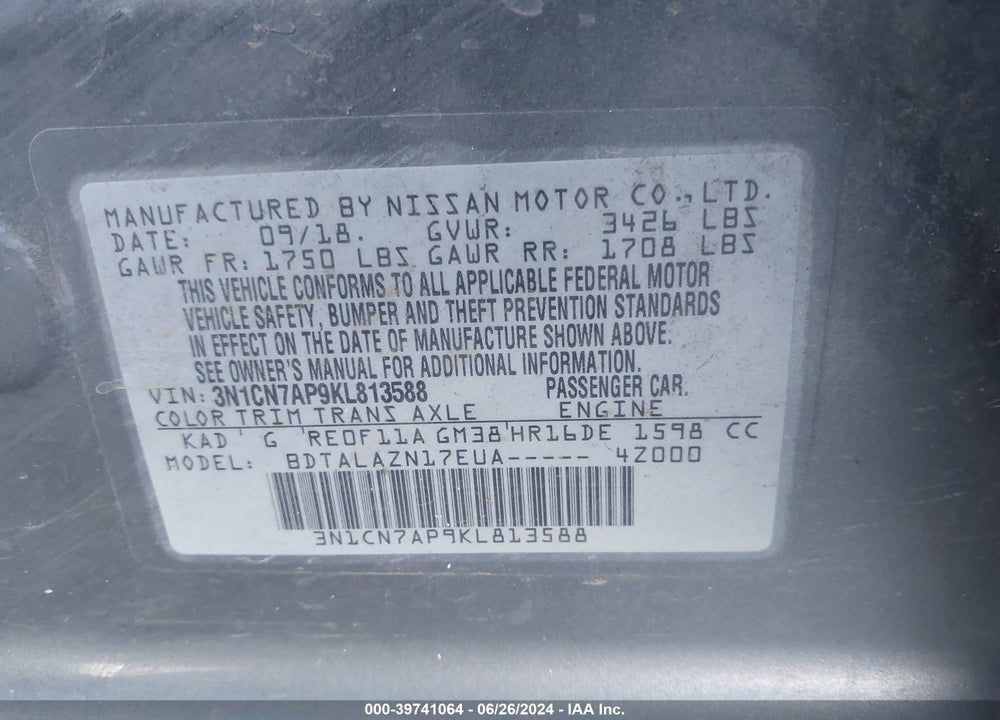 2019 NISSAN VERSA 1.6 S+ VIN: 3N1CN7AP9KL813588