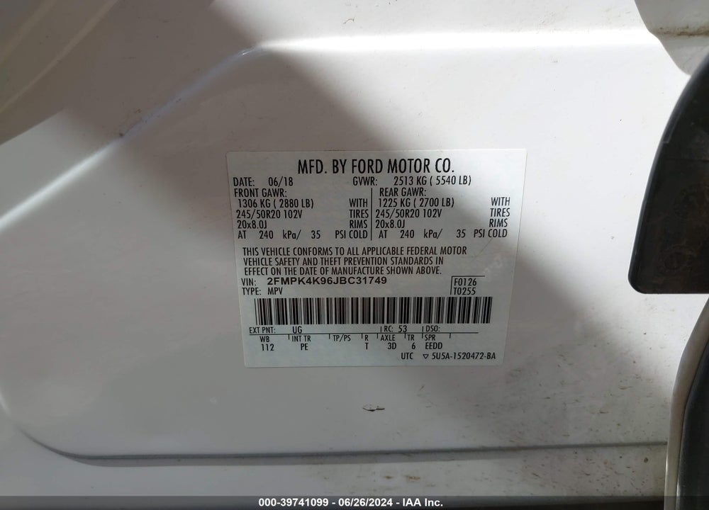 2018 FORD EDGE TITANIUM VIN: 2FMPK4K96JBC31749