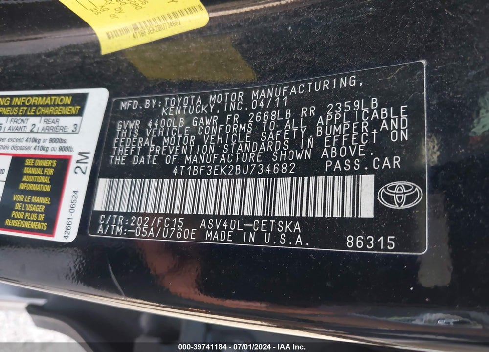 2011 TOYOTA CAMRY SE VIN: 4T1BF3EK2BU734682