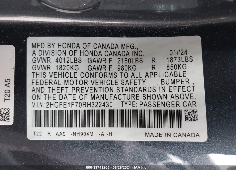 2024 HONDA CIVIC EX VIN: 2HGFE1F70RH322430