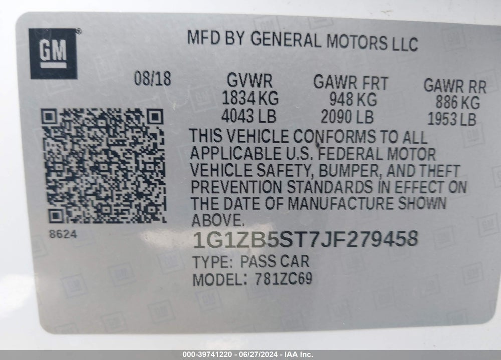 2018 CHEVROLET MALIBU 1LS VIN: 1G1ZB5ST7JF279458