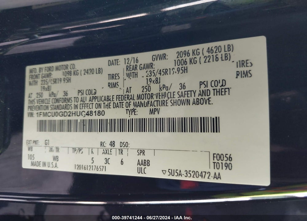 2017 FORD ESCAPE SE VIN: 1FMCU0GD2HUC48180