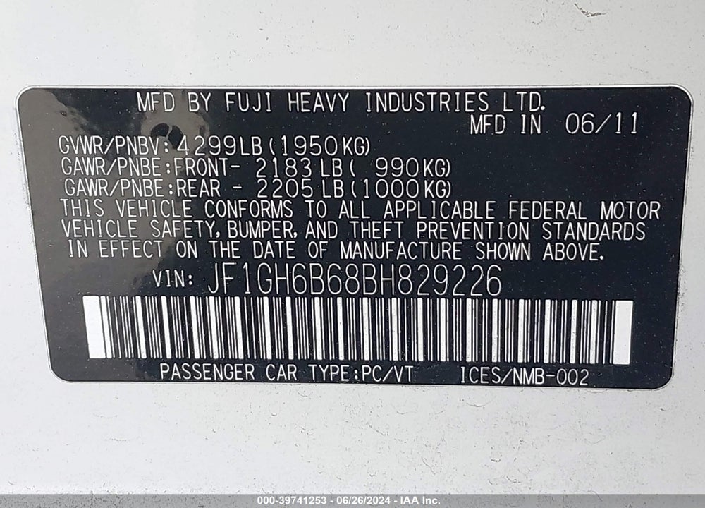 2011 SUBARU IMPREZA 2.5I PREMIUM VIN: JF1GH6B68BH829226